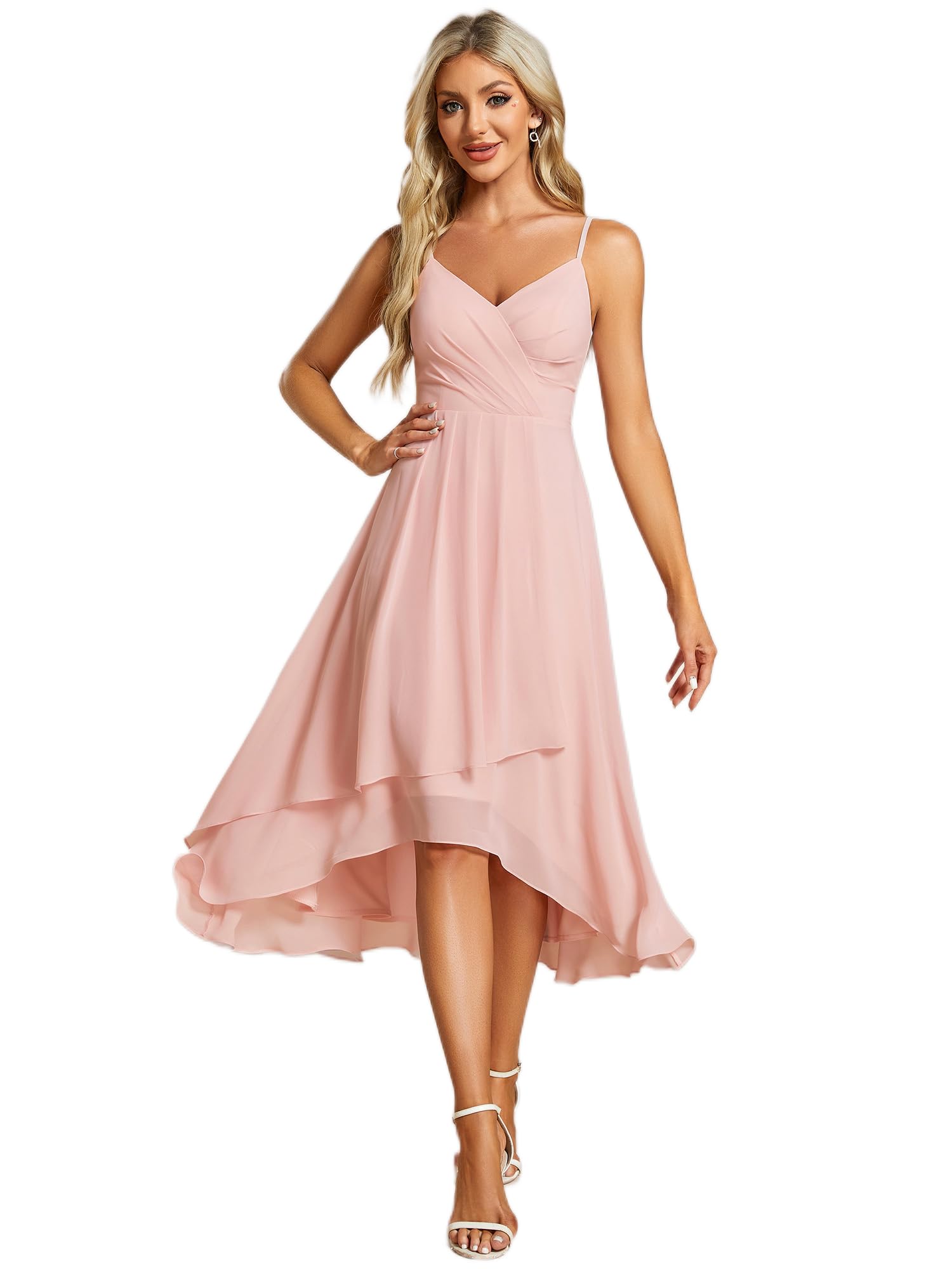 Ever-Pretty Vestido Invitada Boda Honda High Low Sin Mangas Gasa Cuello en V Chic Dobladillo Irregular EG21926