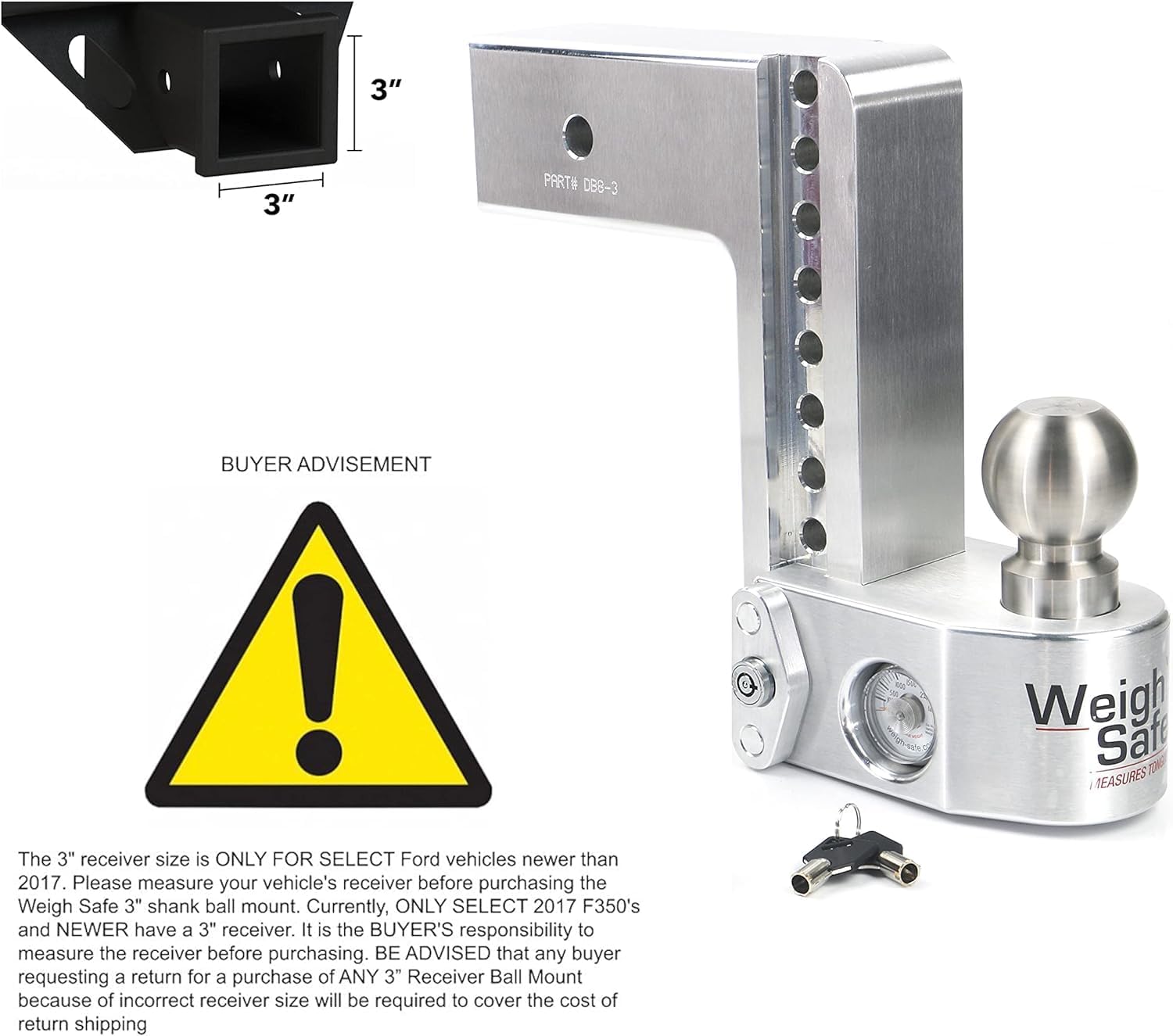 Weigh Safe Adjustable Trailer Hitch Ball Mount - 6" Adjustable Drop Hitch for 3" Receiver - Premium Heavy Duty Aluminum Trailer Tow Hitch with Built in Weight Scale for Anti Sway - 21,000 lbs GTW