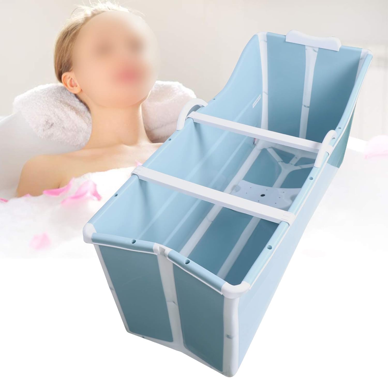 Foldable Blue Thickened Plastic Collapsible Soaking Bathtub - 53In Freestanding, 192.48Lbs Capacity, No Lid