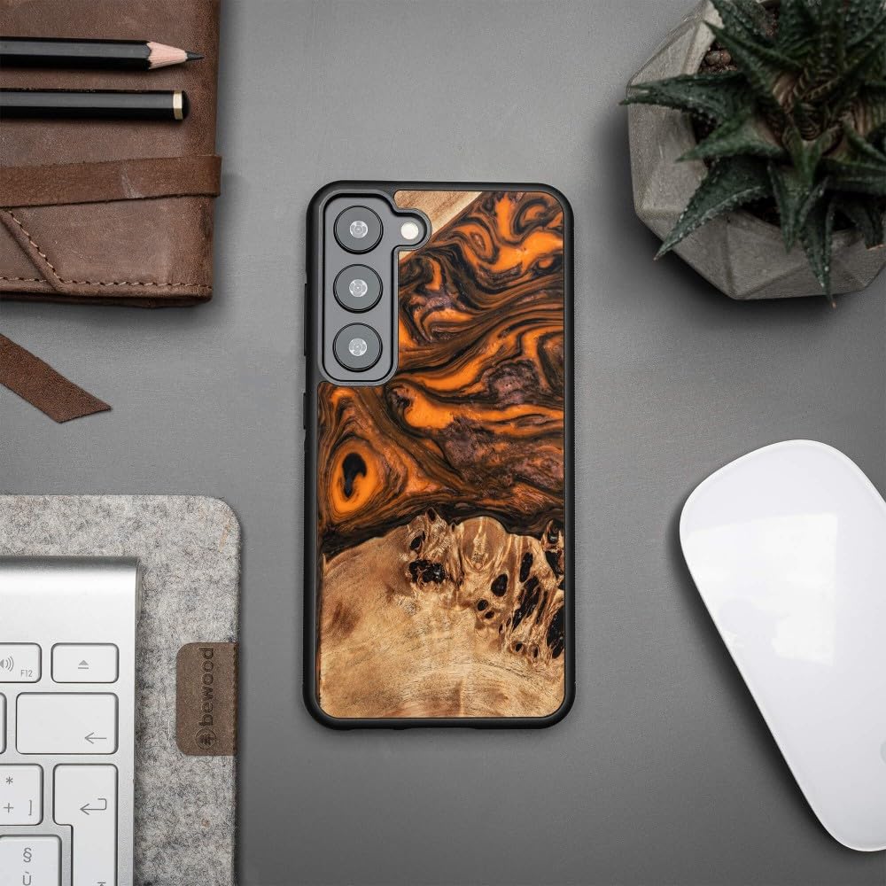 Unique Case kompatibel mit Samsung Galaxy S23, Handgefertigte Schutzhülle aus Naturholz und Harz, Orange, Stoßfest, rutschfest, MagSafe-kompatibel