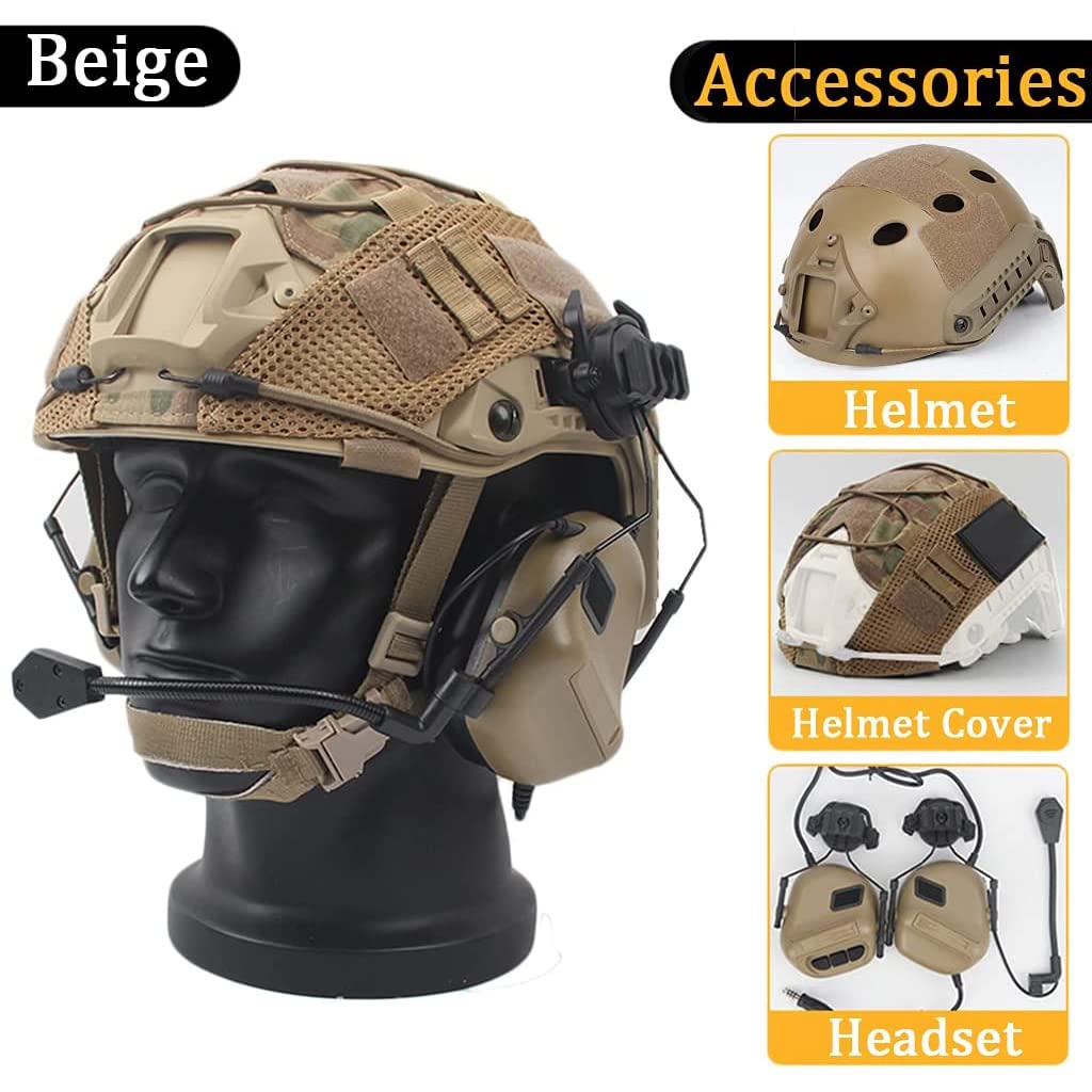 Taktischer Helm Set mit Multicam Airsoft Helm Abdeckung & Militär Headset Adjustable Taktik Fast Protection Helm für Draussen Paintball CS Jagd BBS Spiel