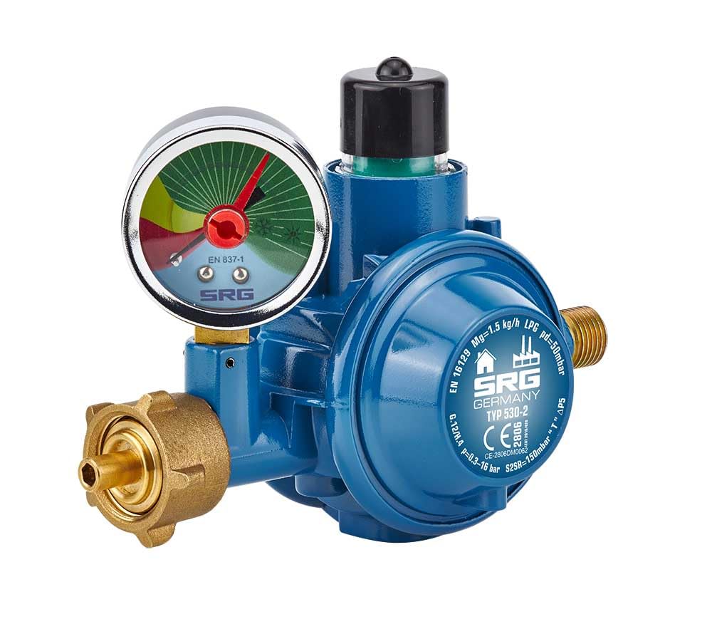 Rotarex 2-stage low pressure regulator 50 mbar including gas bottle key for LPG grill and heater with pressure gauge for residual gas indicator and leakage control