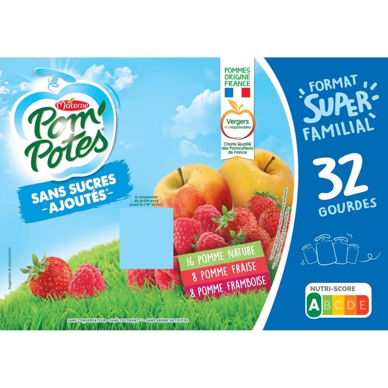 Pom'Potes - Pack de 32 gourdes de compote Pom/Fraises/Framb sans sucres ajoutés - 2,88kg de plaisir fruité et sain pour toute la famille. - Lot De 2 - Vendu Par Lot