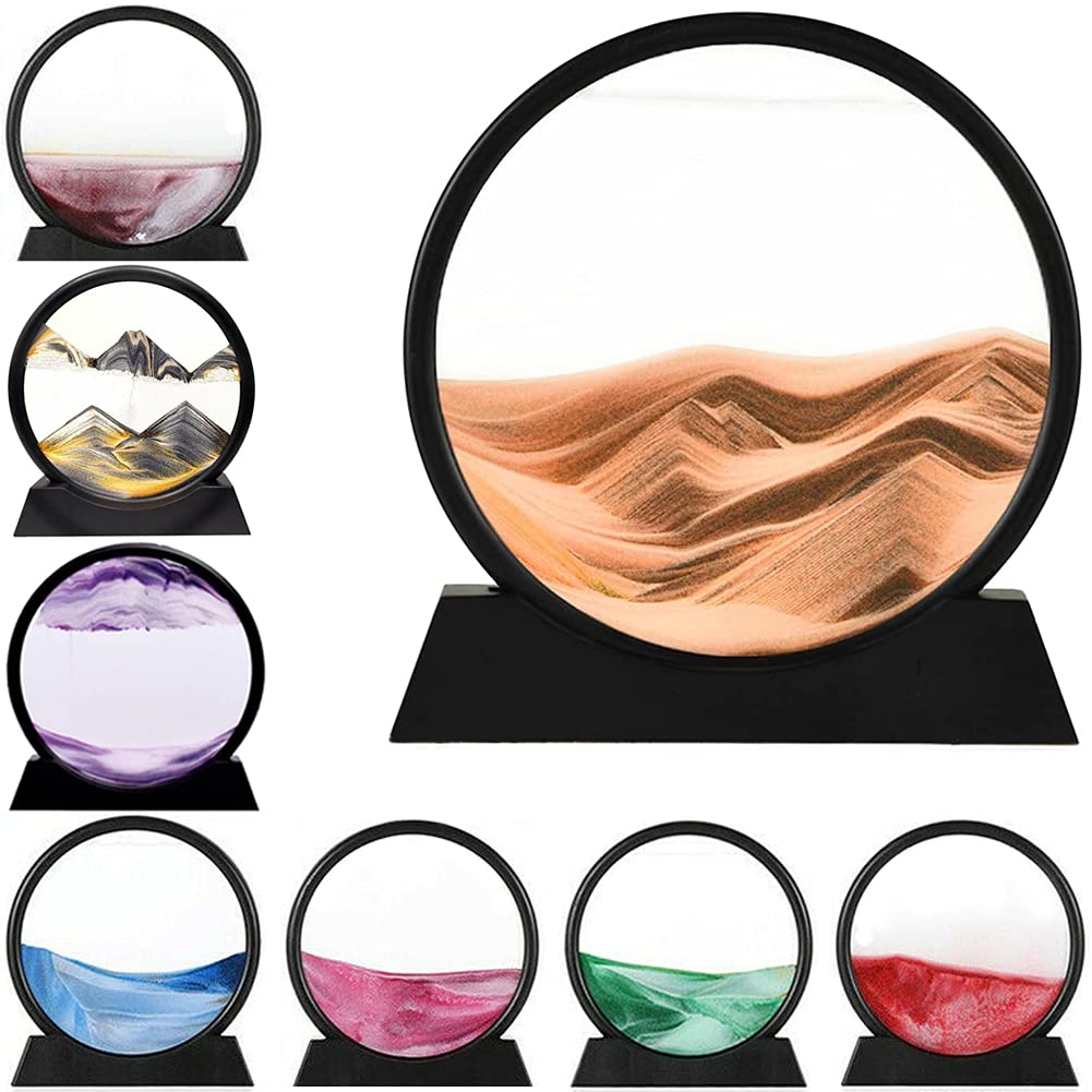 Linping Yellow Flowing Sand Painting,Moving Sand Art Picture Round Glass 3D Deep Sea Sandscape In Motion Display Flowing Sand Frame, Home & Office Desktop Decorations (7 Zoll, )