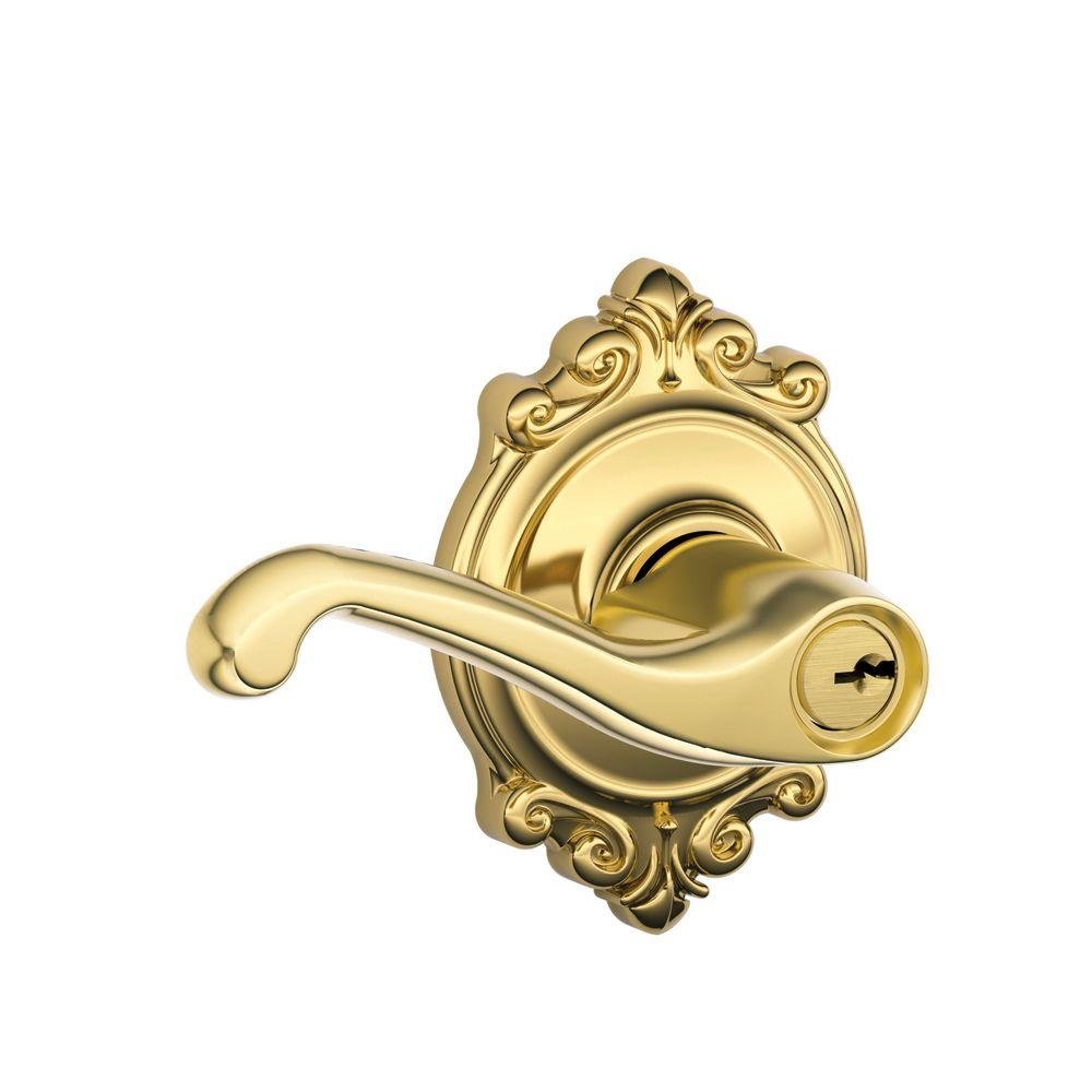 SCHLAGE F51A FLA 605 BRK Flair Lever Brookshire Trim Anahtarlı Giriş Kilidi, Parlak Pirinç