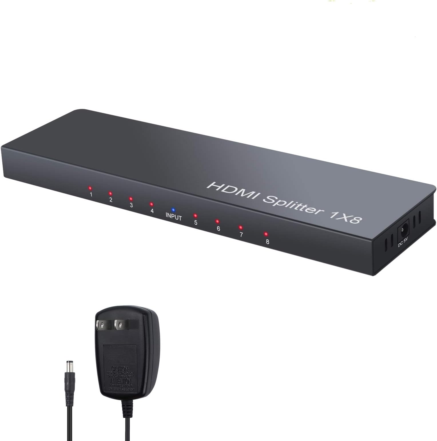 LiNKFOR1x8 HDMI Powered Splitter with Power Adapter 8 Ports HDMI Splitter Ultra 4K @ 30 Hz Support 3D Full HD 1080P (1 in 8 Out)