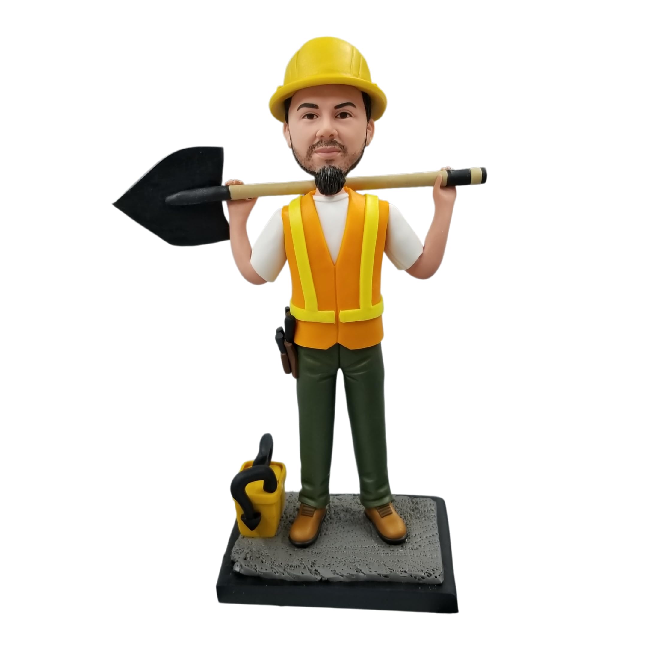 Statuetta 3D Bobblehead personalizzata dalla foto, costruttore di Bobbleheads operaio edile con pala a cappello duro, scultura fatta a mano personalizzata per edilizia, caposquadra, operaio