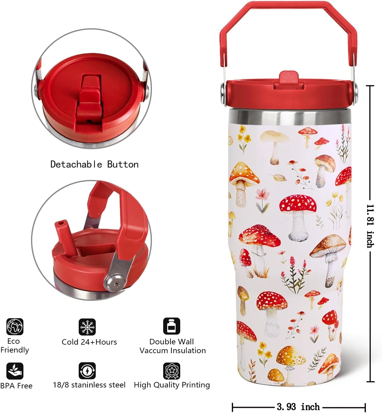 30 Oz Mushroom Flip Tumbler With Handle,Mushroom Coffee Travel Mug Cup Water Bottle,Mushroom Gifts for Women,Mushroom Decor Stuff Accessories - Image 2