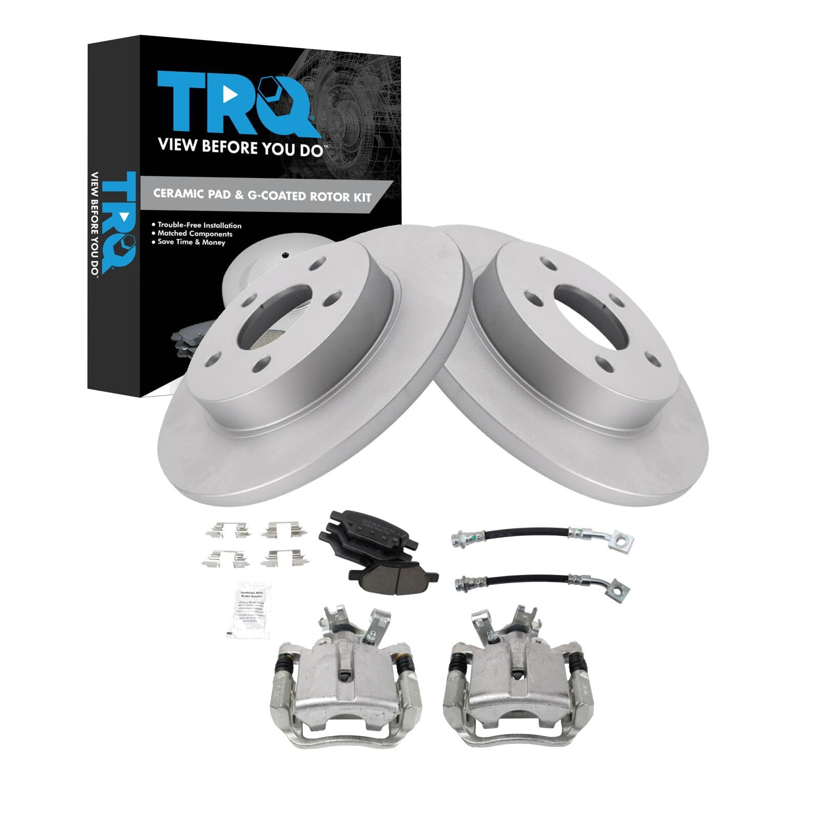 TRQ Rear Brake Pad and Rotor Set Ceramic Coated Rotors Calipers Compatible with 2005-2008 Chevrolet Cobalt 2008-2010 HHR 2007-2009 Pontiac G5 2004-2007 Saturn Ion