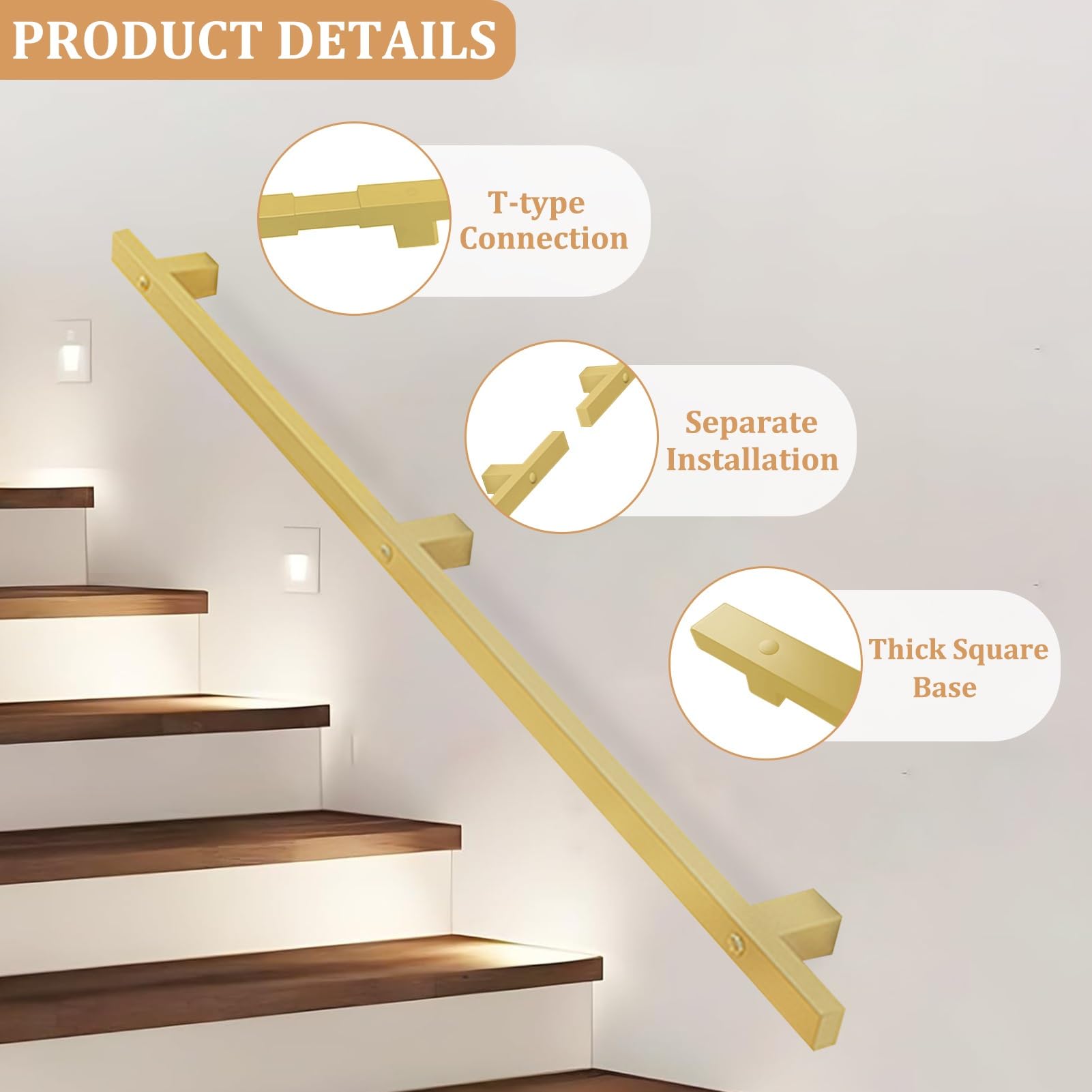 Corrimano per scale in oro per interni/esterni, balaustra in ferro battuto montata a parete, barra di sostegno antiscivolo per ringhiera di sicurezza del corridoio del loft di casa, tubo quadrato(270c
