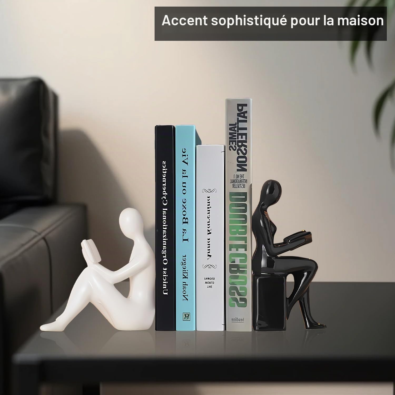 Qualsen The Reader Serre Livre Robuste Et Antidérapant, Support Livres Humanoïdes pour La Maison, Le Bureau, La Bibliothèque Et L'école Serre-Livres Décoratifs, Cale Livre Le Bureau Noir et Blanc