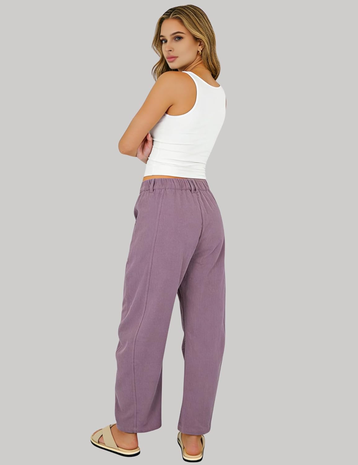 Tanming Womens Corduroy Barrel Pants Wide Leg High Waisted Trousers Loose Palazzo Pants with Pockets - Image 5