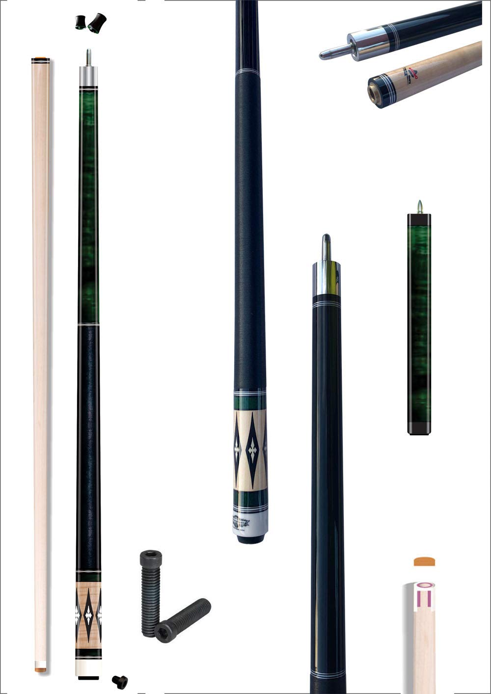 2021 Champion Lost Pieces Series Noroc Pool Cue Stick, Low Deflection Pro Taper, Cue Extension (LPC504-U Cue 19oz + 11 inch Green Bullet Cue Joint Extension, 13mm Tip Size)