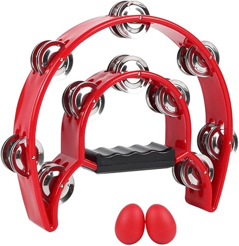 Pandereta instrumento musical para adultos, panderetas de 10 pulgadas, media luna con agitadores de huevos, jingles de metal de doble fila,