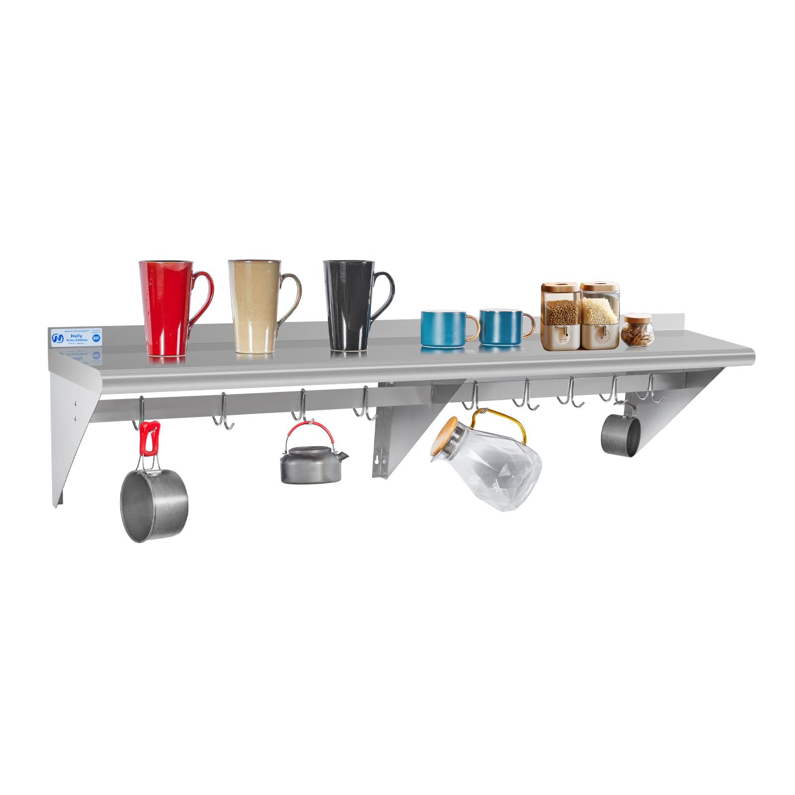 Hally Stainless Steel Shelf with 9 Hooks 18"x72" Wall Mounted Pot Rack NSF