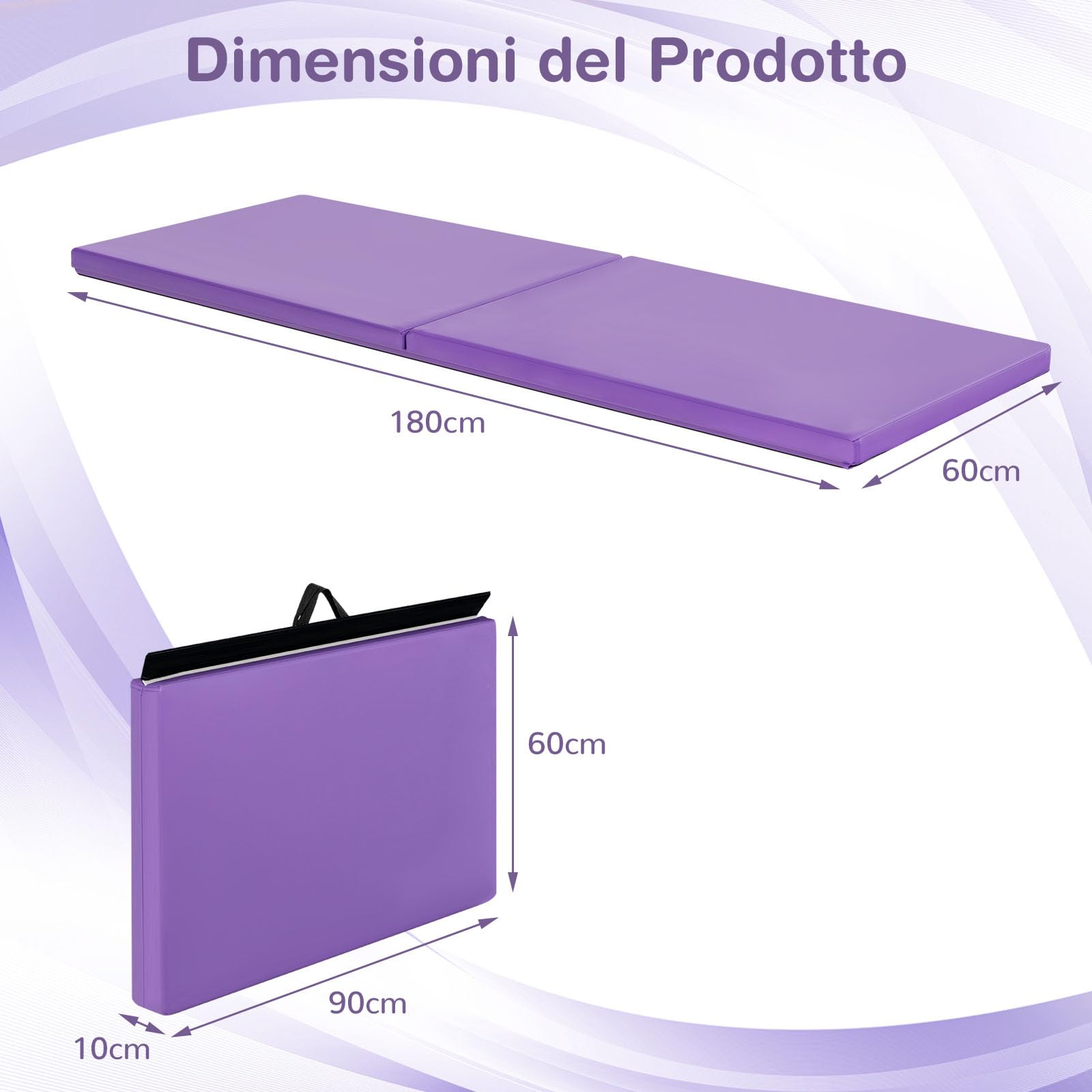GYMAX Tappetino da Yoga/Fitness Materassino per Ginnastica, Spesso 5 cm, Manico Portatile e Pieghevole, 180 x 60 x 5 cm