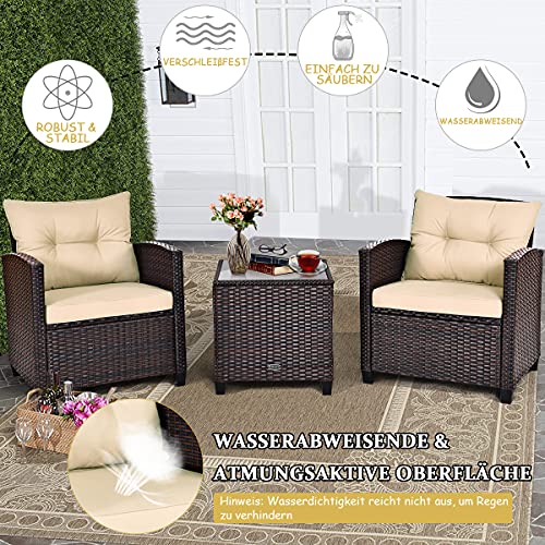 COSTWAY 3-TLG. Polyrattan Lounge Set, Gartenmöbel Rattan Sitzgruppe mit Sitzkissen & Couchtisch, Rattantisch und Stühle… – Bild 3