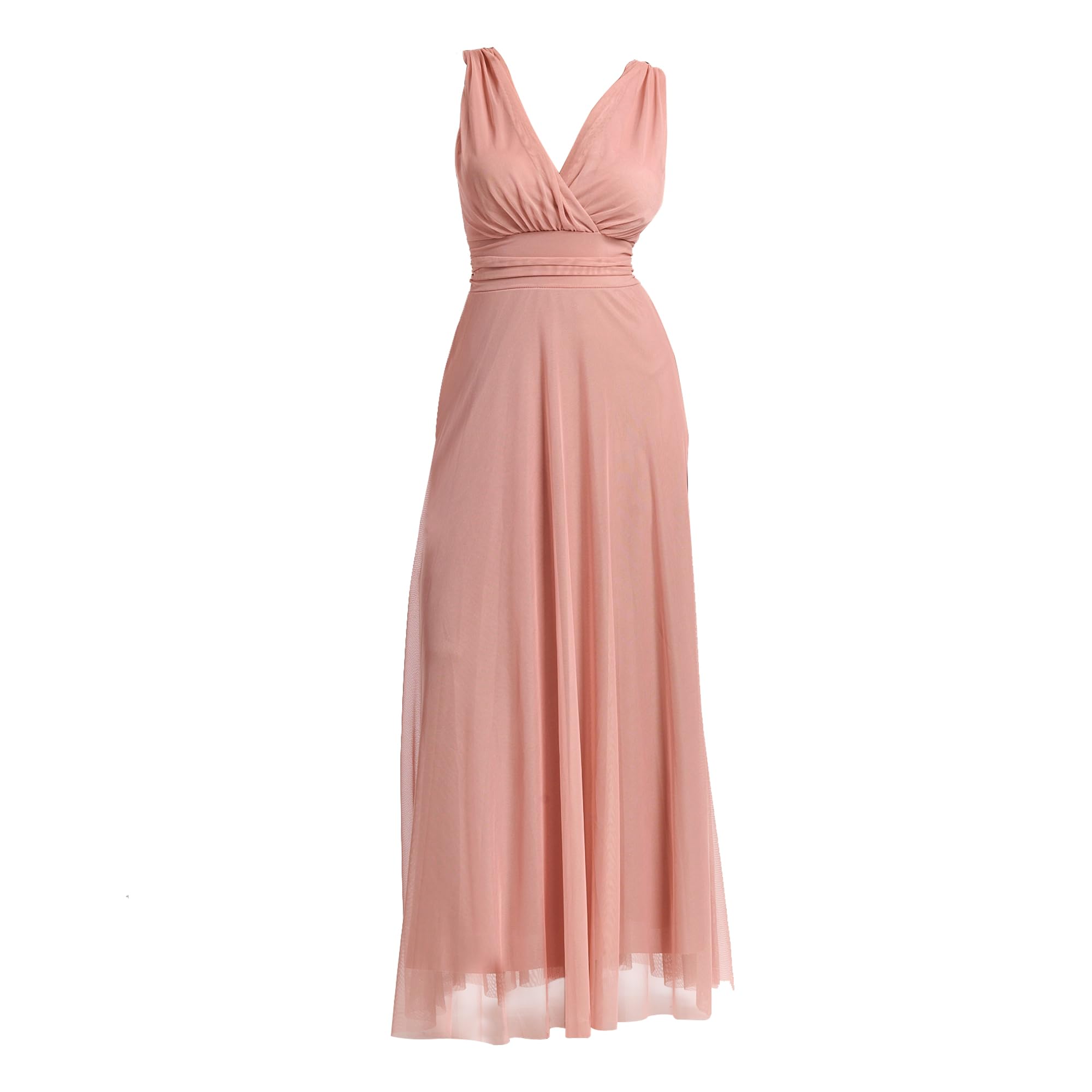 Langes Festkleid für Damen, aus elastischem Tüll mit V-Ausschnitt, hergestellt in Italien