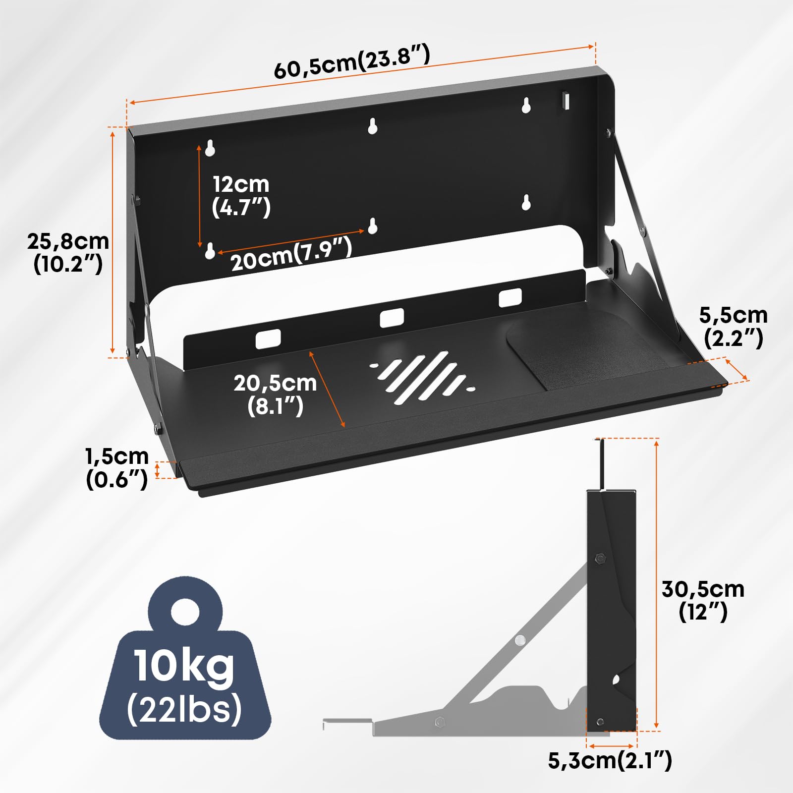 Uchwyt ścienny z dużą tacą na klawiaturę, 10 kg, składana platforma, pasuje do standardowych klawiatur i myszy, ergonomiczna podkładka pod mysz w zestawie