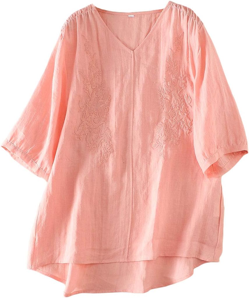 Minibee Women's Linen Embroidery Blouse V-Neck Tunic Elbow Sleeve Shirts Tops