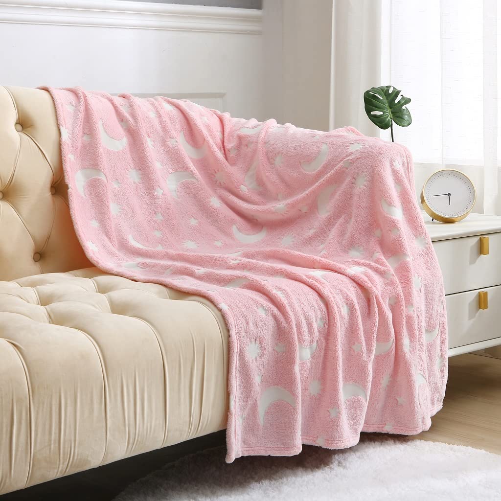 LIZZIE JACOBS New Glow in The Dark Fleece Throws Luxurious Super Soft Warm Cosy Sofa Settee Bed Teddy Fleece Glow Blankets (Double - 100x150cm, Moon Pink)