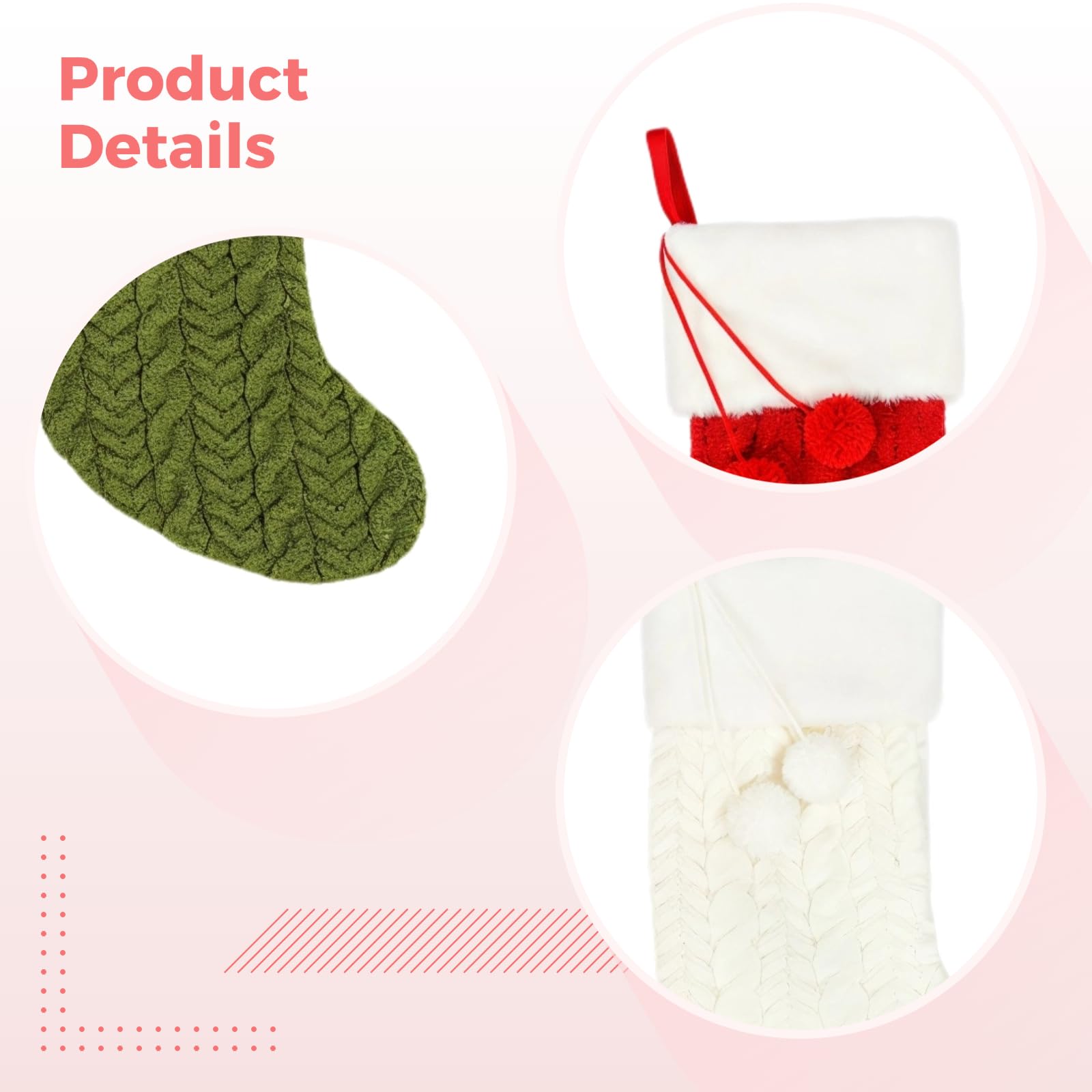 3 calze natalizie, 22,1 x 39,9 cm, grandi calze natalizie a maglia per la famiglia, decorazioni festive con pompon e anello per appendere camino, albero di Natale, casa e decorazioni per feste