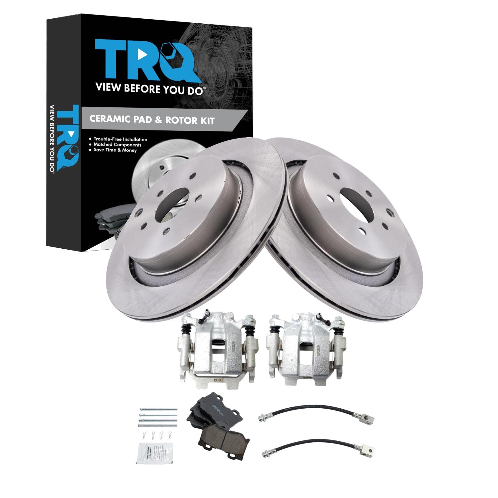 TRQ Rear Brake Pad and Rotor Set Ceramic Calipers Compatible with 2014-2019 Infiniti Q50 2017-2018 Q60