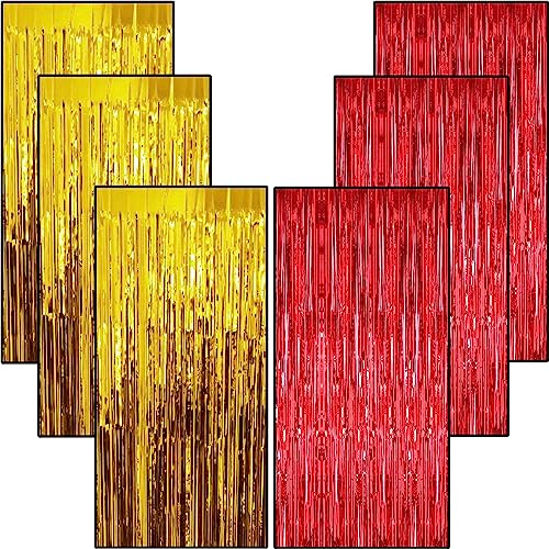 Image of 6 Pieces Foil Fringe Tinsel Party Curtains for Photo Backdrop (GOLD-RED) | Fringe Curtains for Decoration | Foil Curtains for Birthday Decoration, Anniversary, Bachelorette, Valentines Day