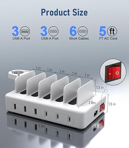 Miniatura 7 de Estación de carga de 96 W para múltiples dispositivos, estación de carga USB C de 6 puertos CREATIVE DESIGN con 3 PD 20 W USB-C, estación de carga