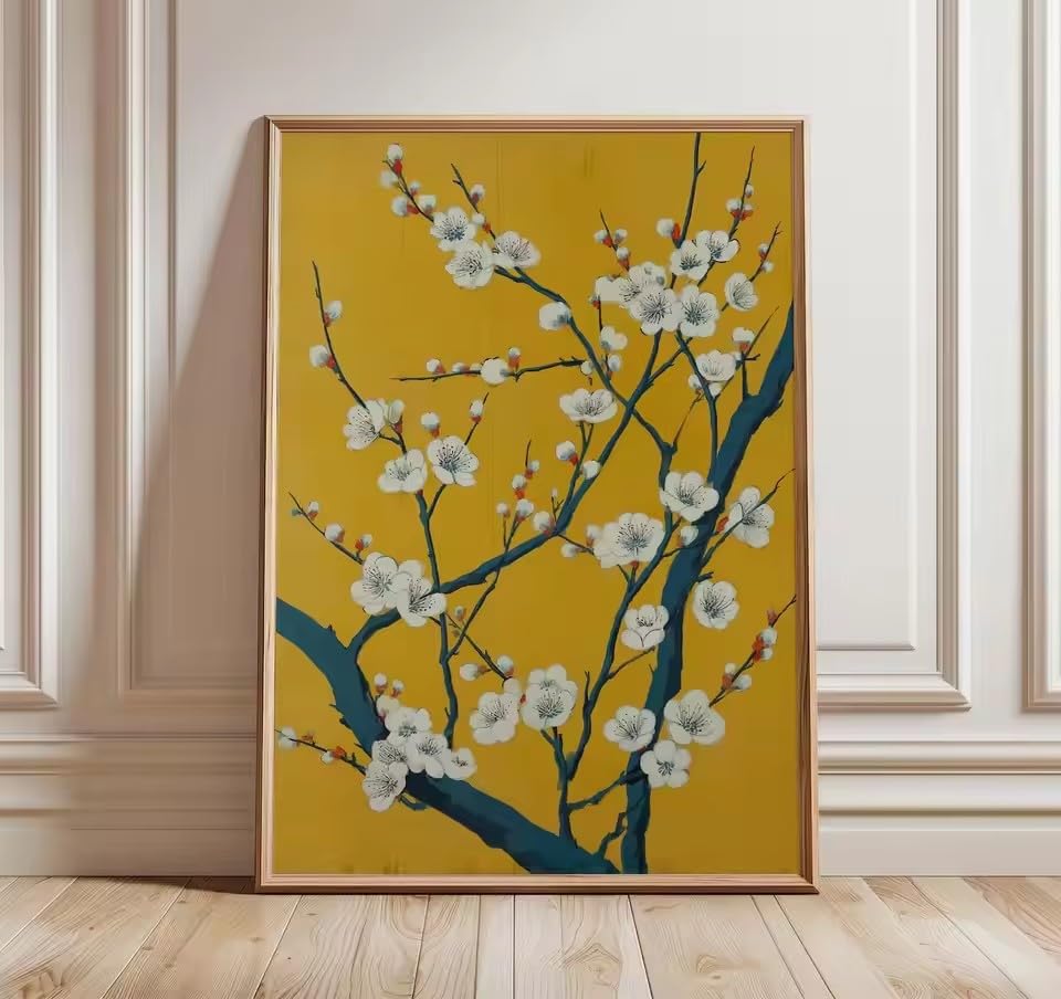 Affiche fleurs orientales pour salon zen déco murale jaune 80x120
