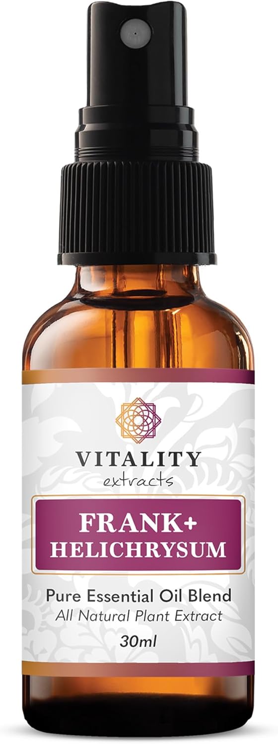 Vitality Extracts Frank+ Helichrysum Essential Oil Blend – 30ml Spray Bottle, Frankincense Boswellia Seratta, Aromatherapy, Soft Skin, Relief from Daily Aches & Soreness, Natural