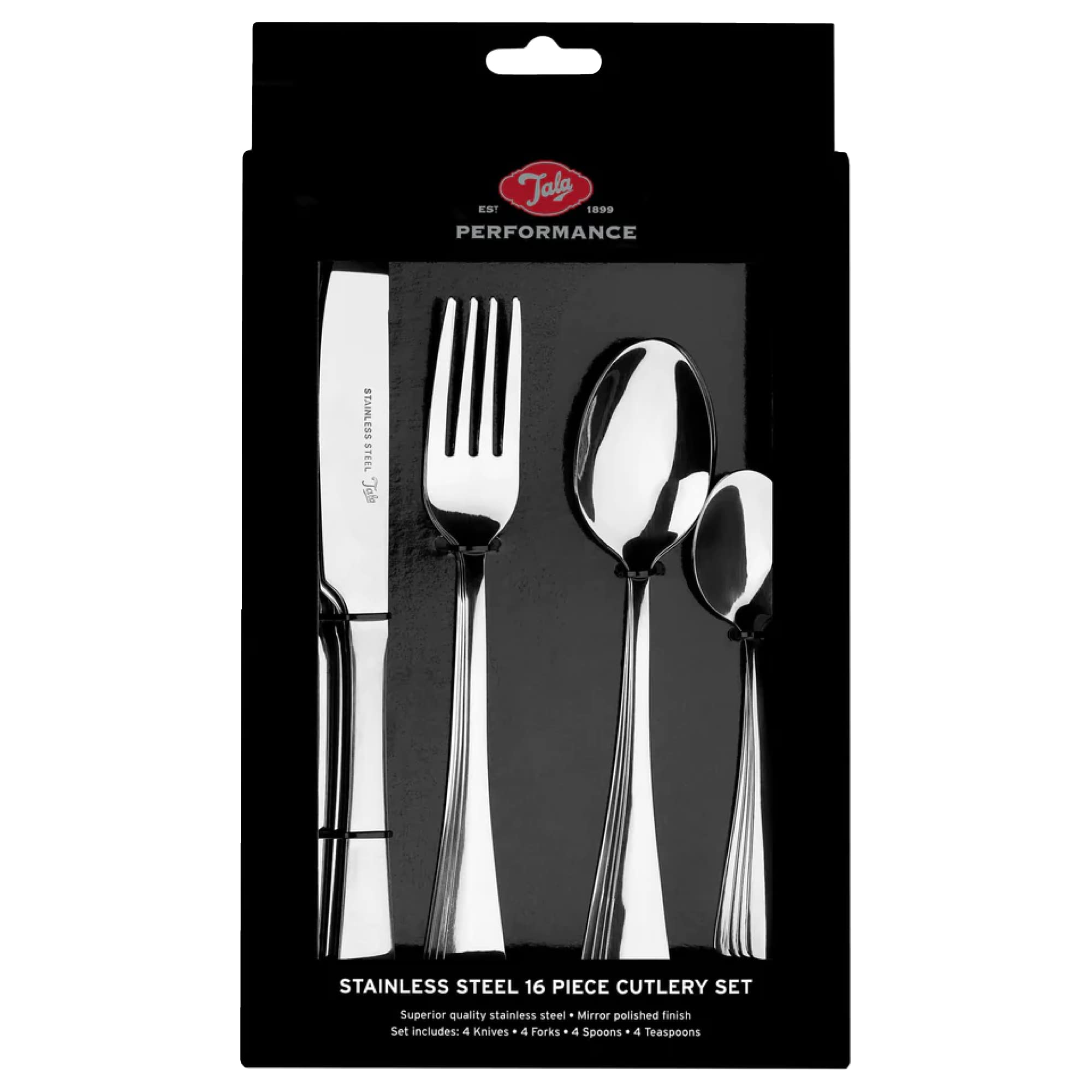 Tala Performance Stainless SteelCutlery Set- 16 Piece Flatware & Tableware Set - Mirror Polished Silverware Designed for Any Dining Occasion - Knife, Fork, Dessert Spoon & Tea Spoon Set