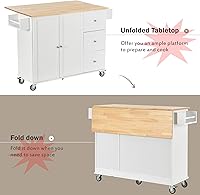 Vista 2 de Isla de cocina móvil con hoja caída, parte superior de madera maciza, carrito de isla de cocina rodante con ruedas bloqueables con armario