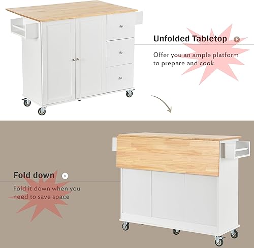 Miniatura 2 de Isla de cocina móvil con hoja caída, parte superior de madera maciza, carrito de isla de cocina rodante con ruedas bloqueables con armario de