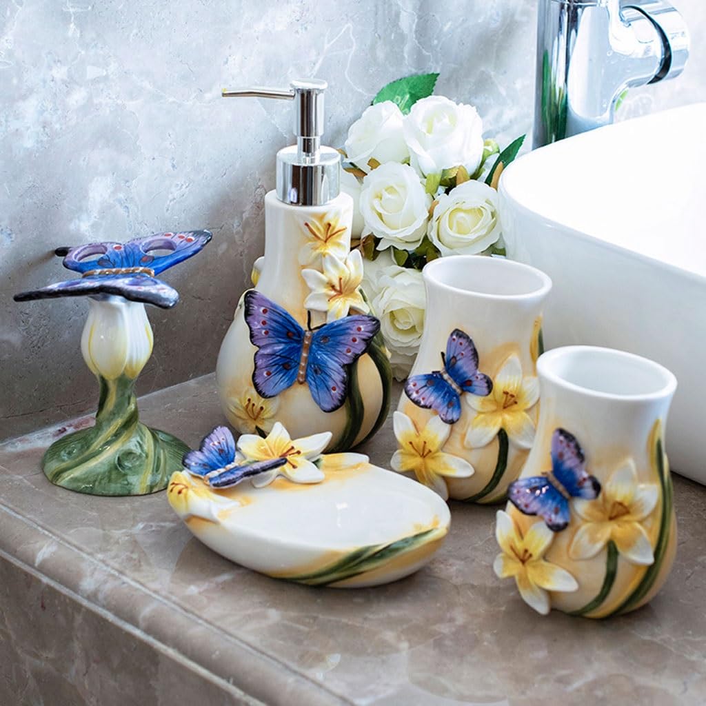 Set da bagno in ceramica con stampa a farfalla, 5 pezzi, dispenser di sapone, portaspazzolino, 2 bicchieri e portasapone Set da bagno