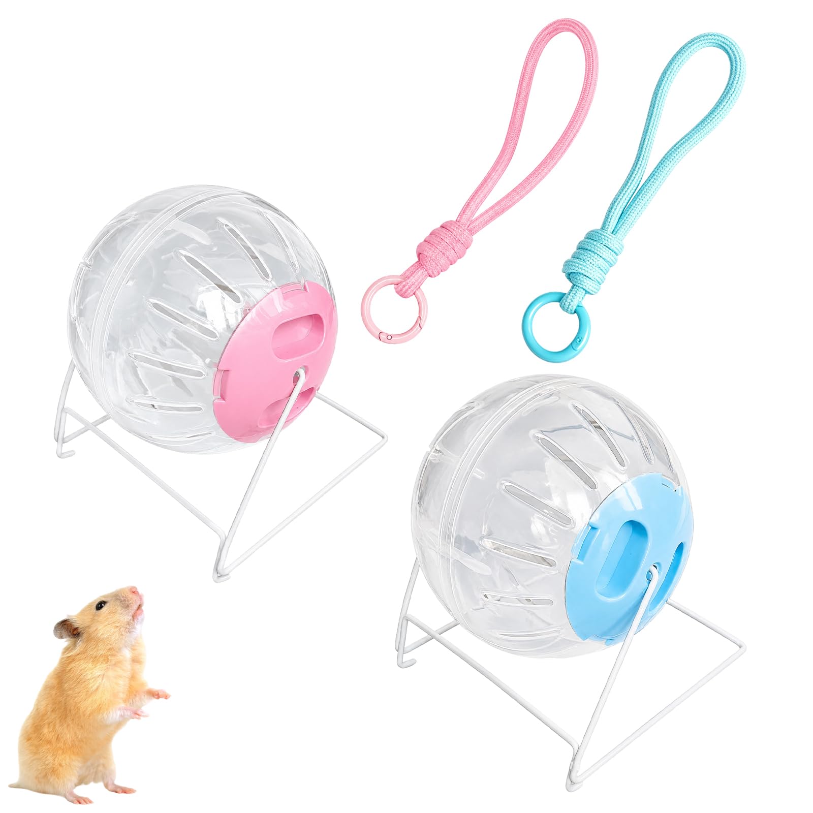 2PCS Hamster Exercise Ball, Hamster Fitness Ball, Transparent Dwarf Hamster Ball, Small Animals Dwarf Hamster Ball Attach The Rope, for Jogging, Sport, Gerbil Pet (Blue, Pink)