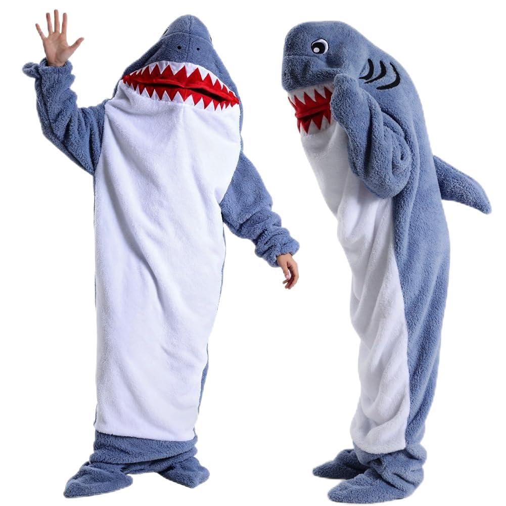 FARYODI Hai Sudadera Manta con Capucha S-XXL, Saco de Dormir con Capucha Shark, Mono de Franela Shark con Pies, Manta de Fanela, Regalo para Fiestas de Pijamas de Dibujos Animados