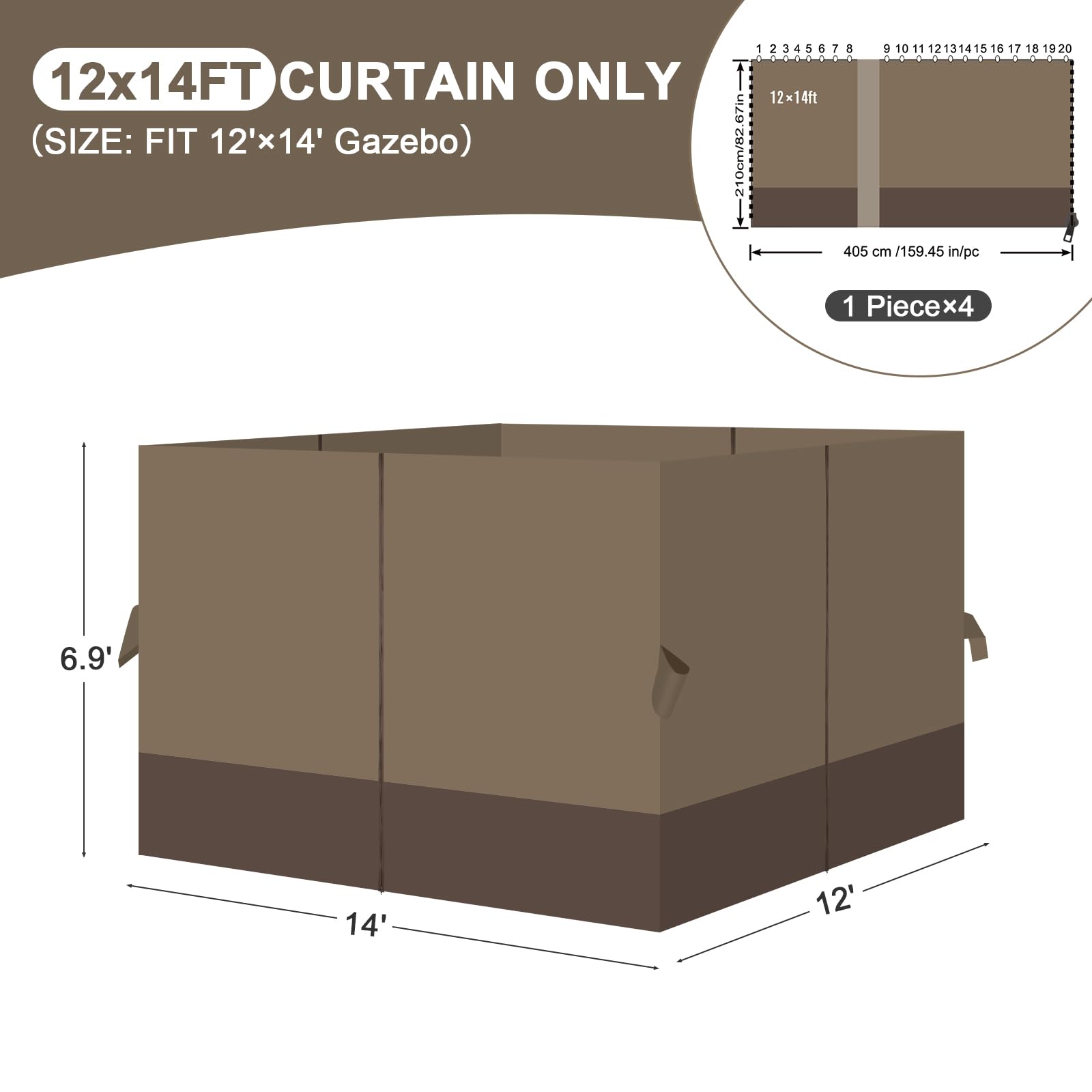 Aoodor 12 x 14 ft Gazebo Curtain Set, 4 Panels Gazebo Universal Replacement Privacy Sidewalls with Double Zipper, Brown and Coffee