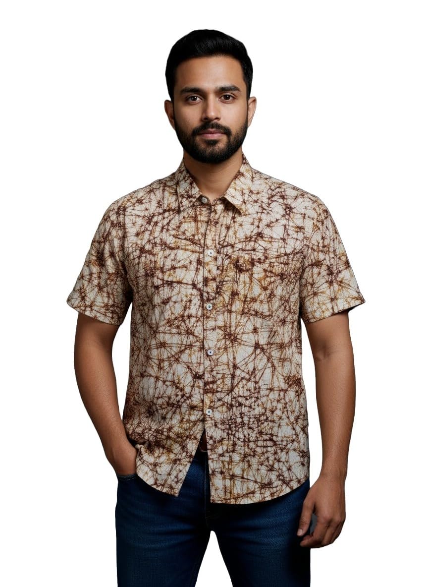 Men's Santiniketan Hand Batik Print Half Sleeve Casual Shirt, Green Abstract Pattern, Collared Button-Down, Lightweight Breathable Fabric-image-39