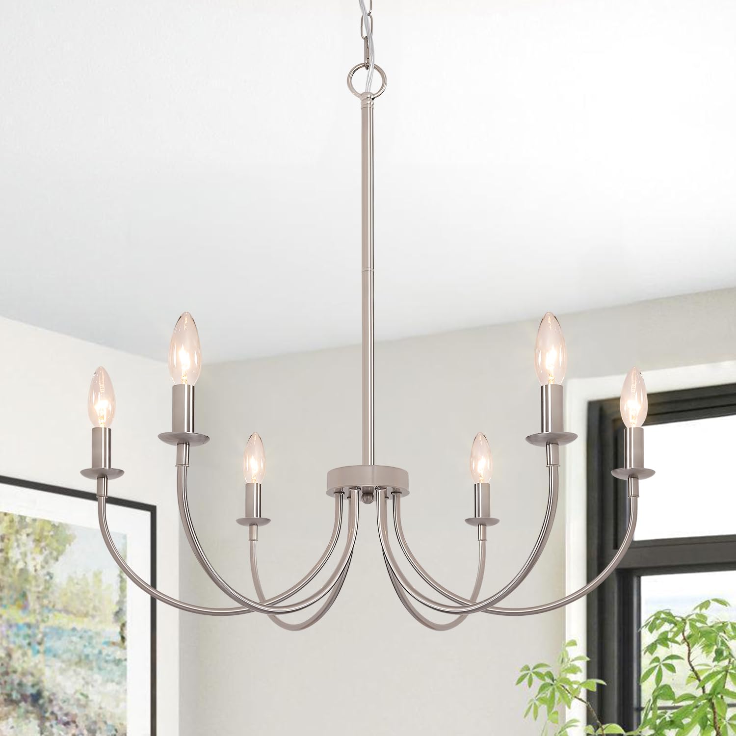 Puyveyor 6-Light Farmhouse Chandelier, Chandeliers for Dining Room Lighting Fixtures Hanging, Brushed Nickel Modern Candle Chandeliers for Living Room