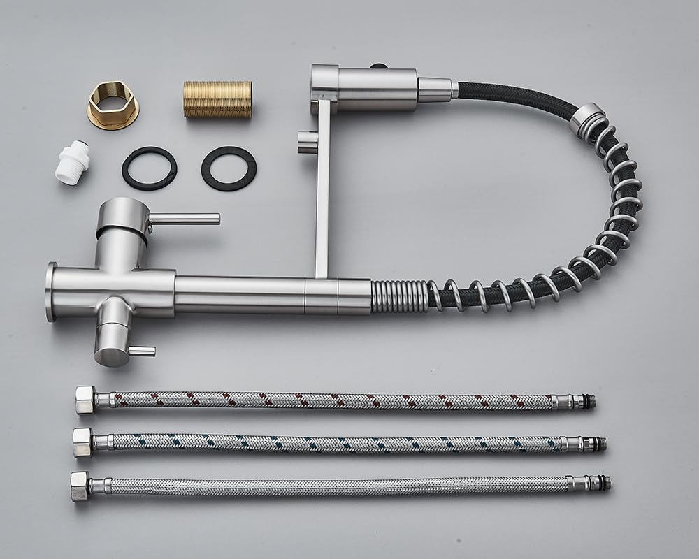 Rubinetto da cucina a 3 vie SOLID SPRING con doccetta estraibile, cavo separato per filtro dell'acqua, beccuccio girevole a 360°, rubinetto a molla in ottone, montaggio monoforo (acciaio inossidabile)
