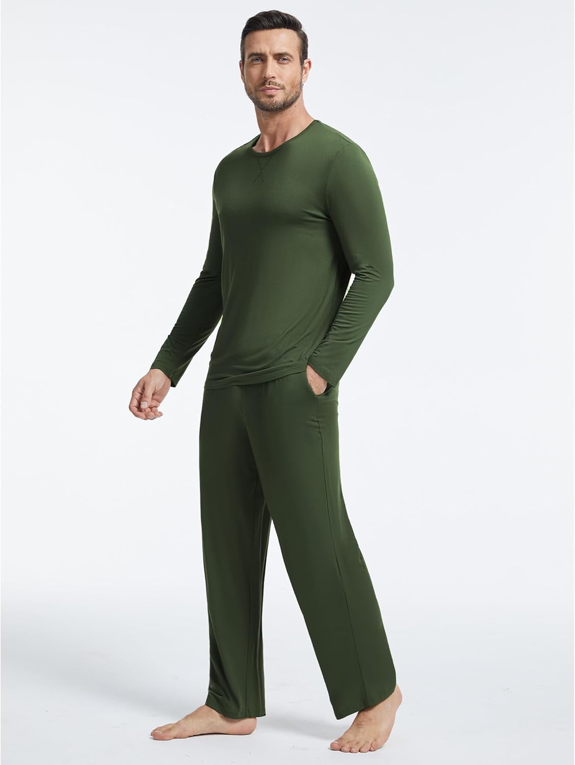 GYS Bamboo Viscose Men's Pajama Sets Long Sleeve Crew Neck Lounge Set with Pockets - Image 3