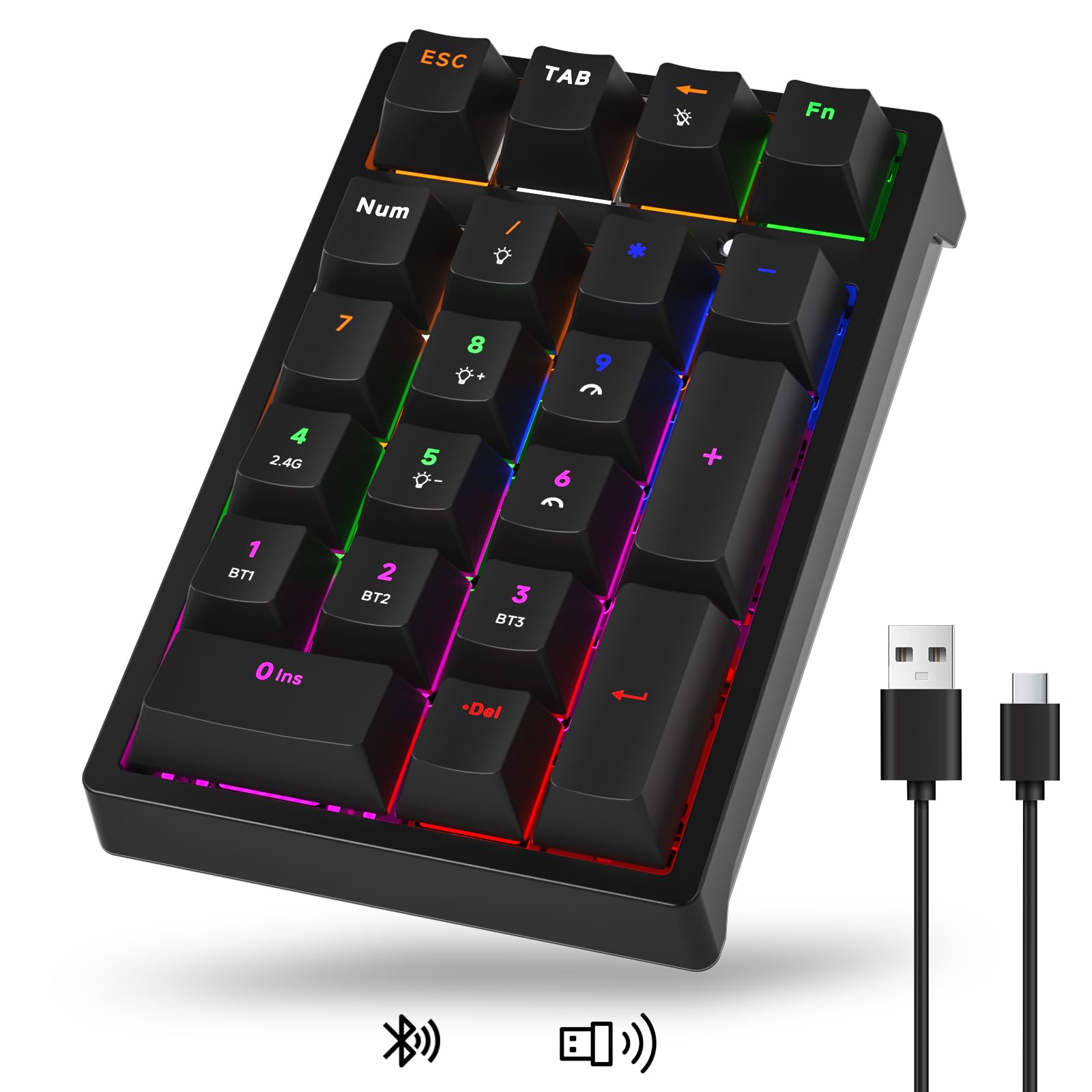 Teclado numérico mecánico con retroiluminación LED RGB de 21 teclas, teclado numérico inalámbrico 2.4G/Bluetooth 5.0/cable USB-C RGB retroiluminado teclado numérico recargable para Win/Mac