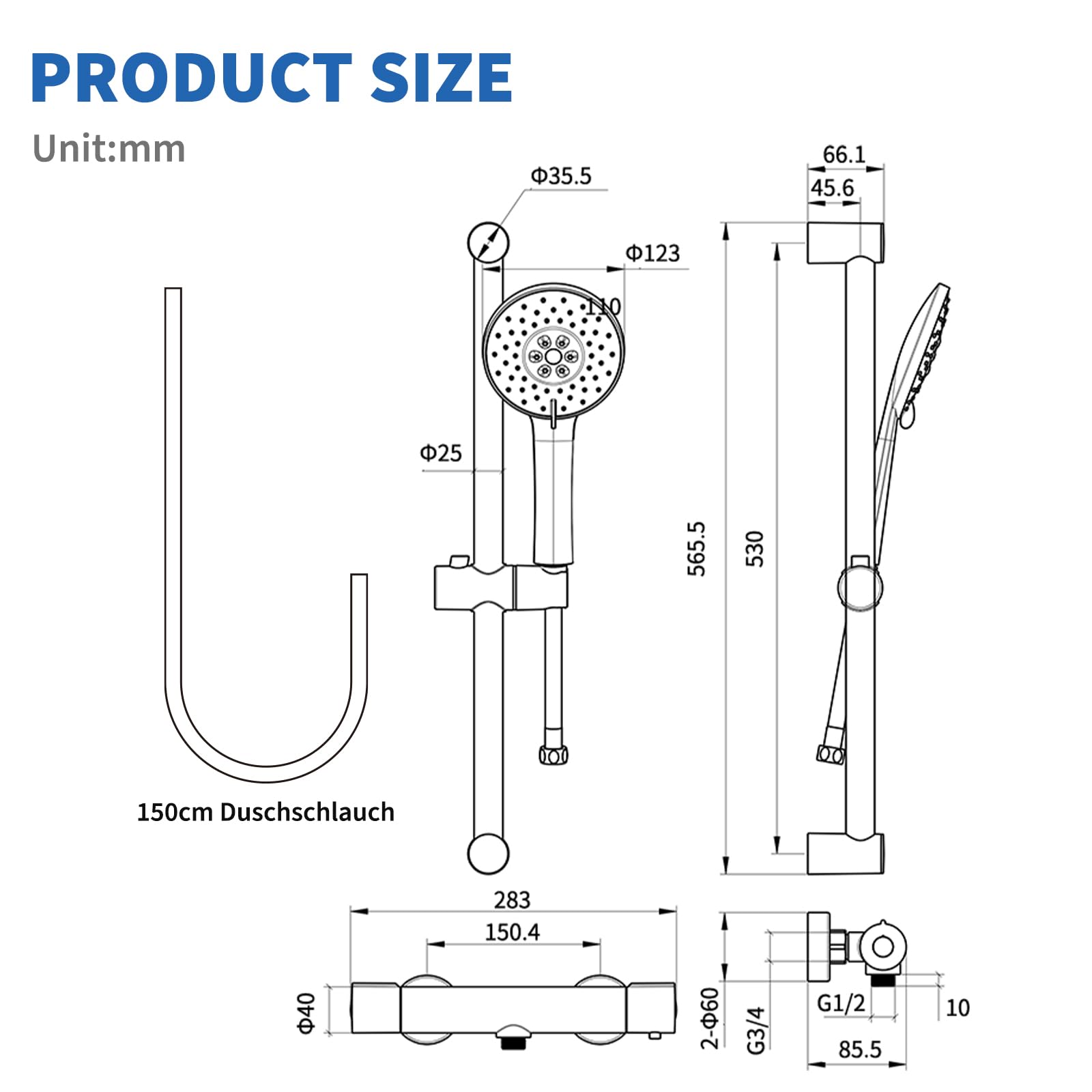 Duscharmatur mit Thermostat Set, Duschthermostat Mischbatterie Wandmontage mit Brausegarnitur | Handbrause | Thermostat Dusche Set mit 38 °C Sicherheitstaste