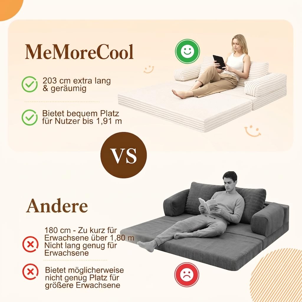 MeMoreCool Schlafsofa Cord, Klappbares Bequemes Bodensofa mit schlaffunktion, Boneless Couch mit Kissen für Schlafzimmer, Wohnzimmer und kleine Räume, 3-in-1 Compressed Sofa Bed, Beige