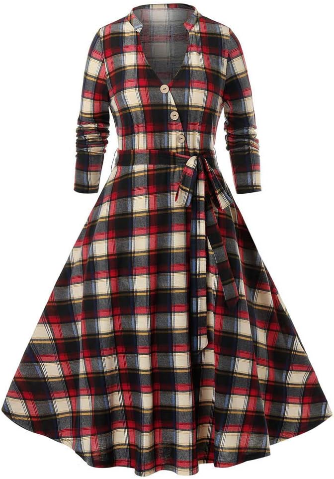 Dreamyth-Summer Women Plus Size Long Sleeve Plaid Print Button Belt Vintage Deep V-Neck Long Dress 2020