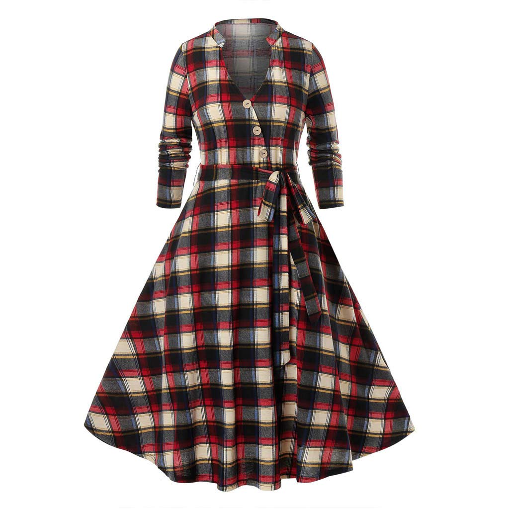 Dreamyth-Summer Women Plus Size Long Sleeve Plaid Print Button Belt Vintage Deep V-Neck Long Dress 2020
