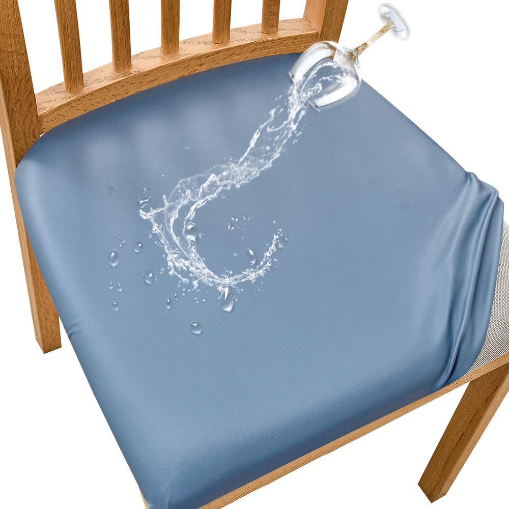 SearchI Waterproof PU Leather Seat Covers for Dining Chairs, 6 Pack Stretch Dining Room Chair Seat Covers, Kitchen Chair Seat Covers Protectors (Blue)