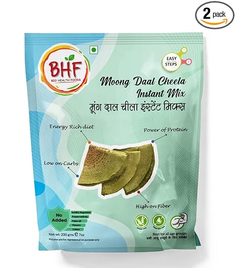 BHF Instant Moong Daal Cheela Mix 400g (2 packs of 200g each) Ready to Cook Chilla/Dosa for Healthy Breakfast | Moong Instant Cheela Dosa Mix with the Goodness of Lentils & Millets | Anytime Snack for Kids and Family I 100% Preservative and Additive Free