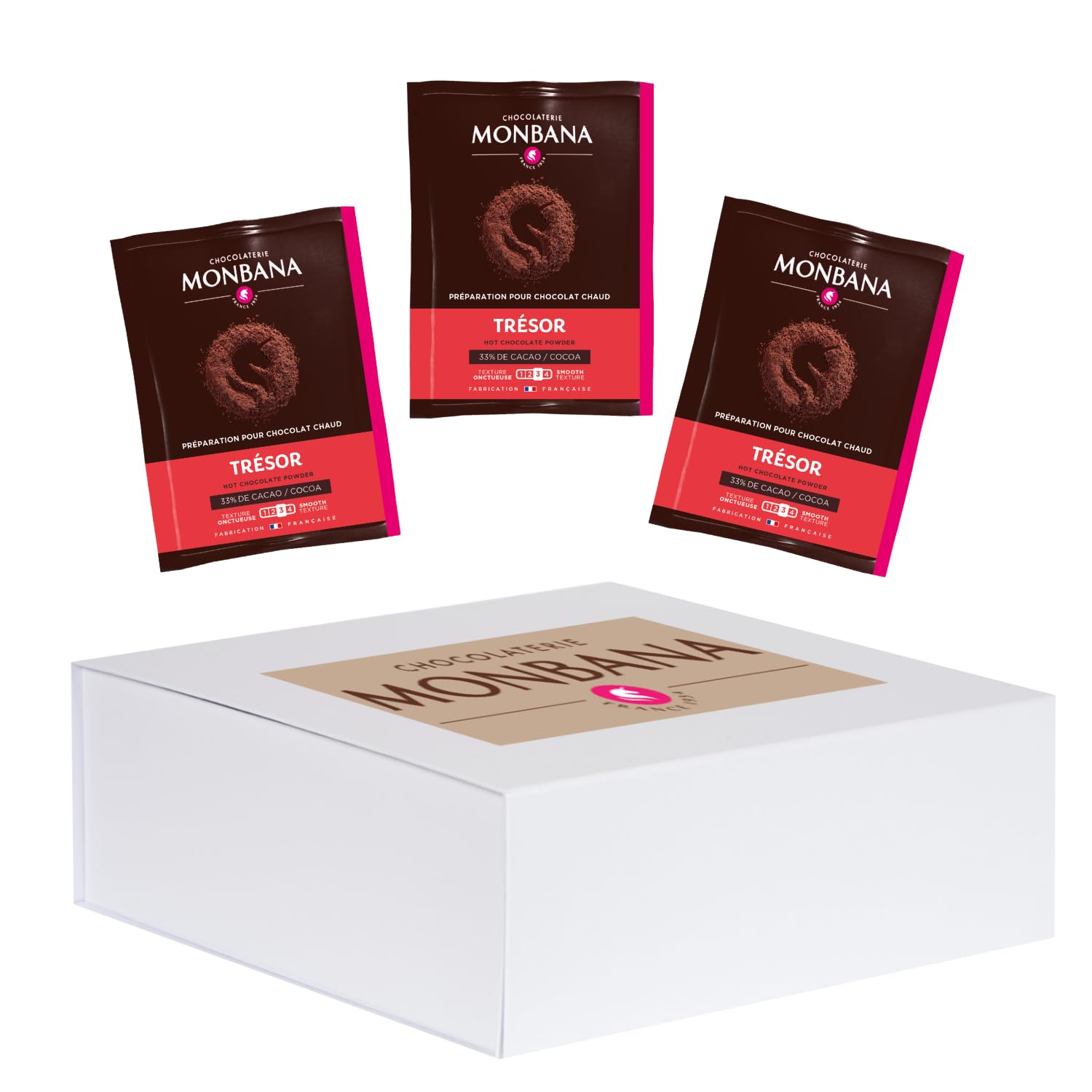 MONBANA - 100 sachets de chocolat en poudre Trésor - 25 g | Doses individuelles de 25 g de chocolat en poudre à déguster tout au long de la journée - Chocolat chaud, petit déjeuner